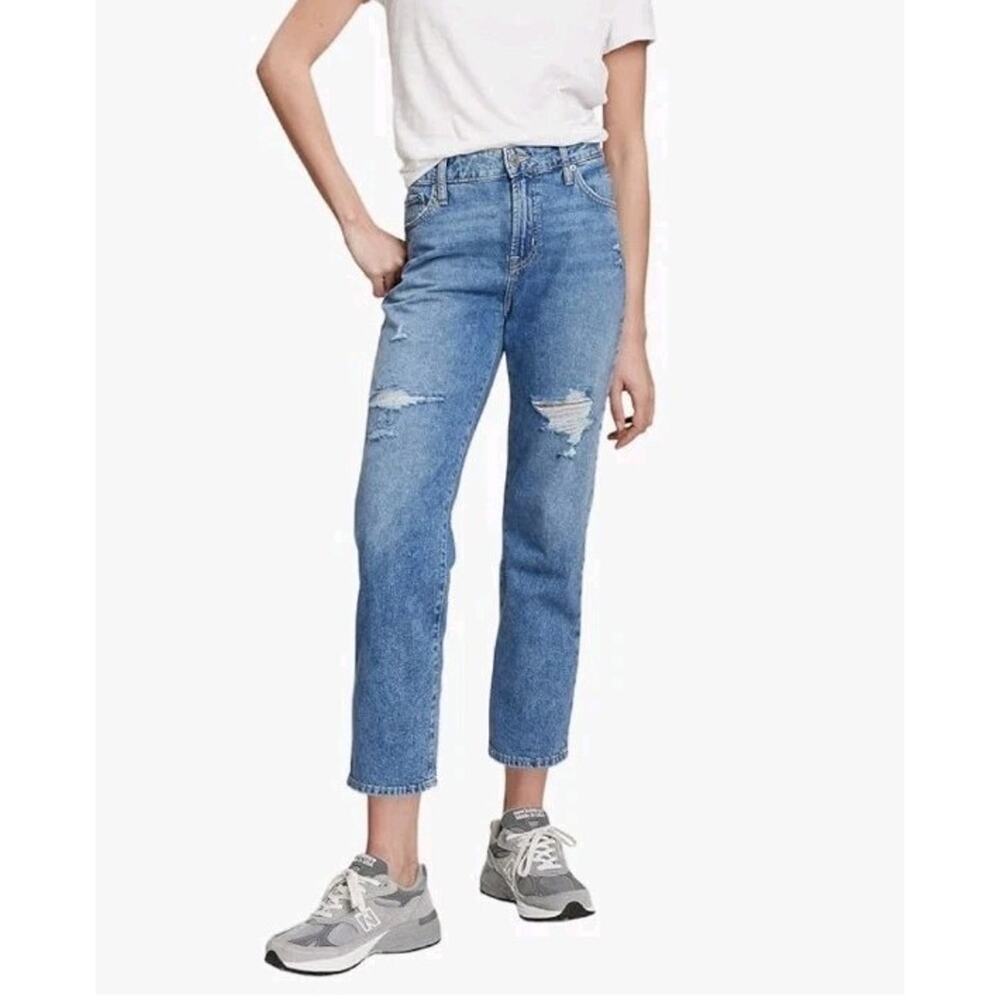 New Gap Womens 30 BOYFRIEND Jeans Dark Wash Distressed Relaxed Fit Straight‎ Leg